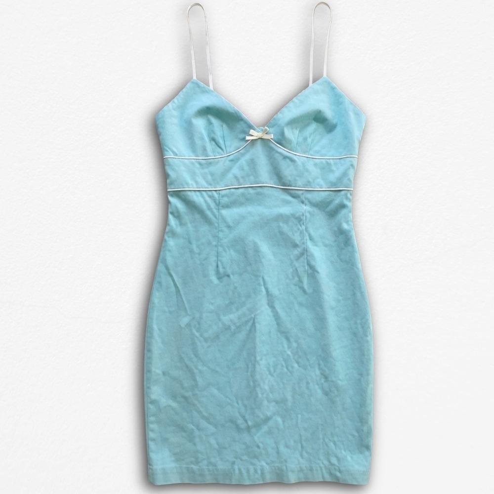 Vintage Express Y2K Light Blue Cotton Mini Dress White Piping Bow Detail Size 6